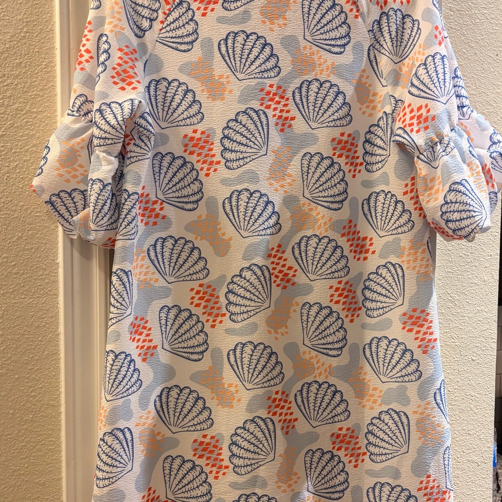 THML White Dress with Blue Shells and Coral Accents and Tic Rac detail - Picture 6 of 8